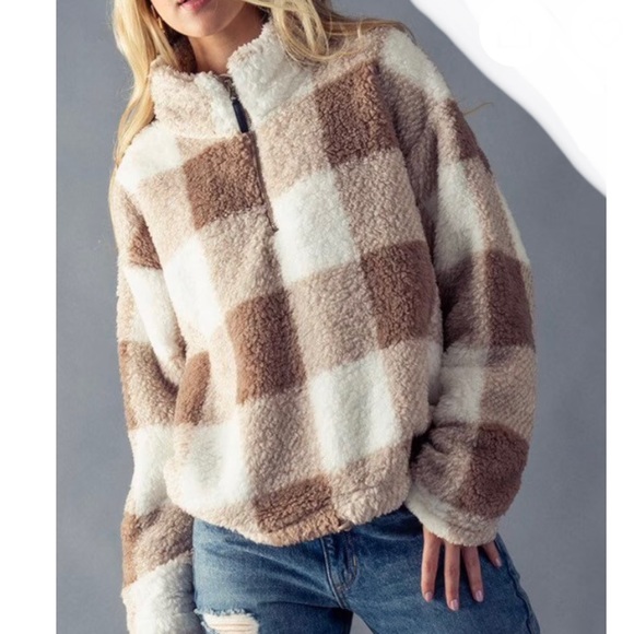 Teddy pullover tan plaid squares half zip jacket - Picture 3 of 17